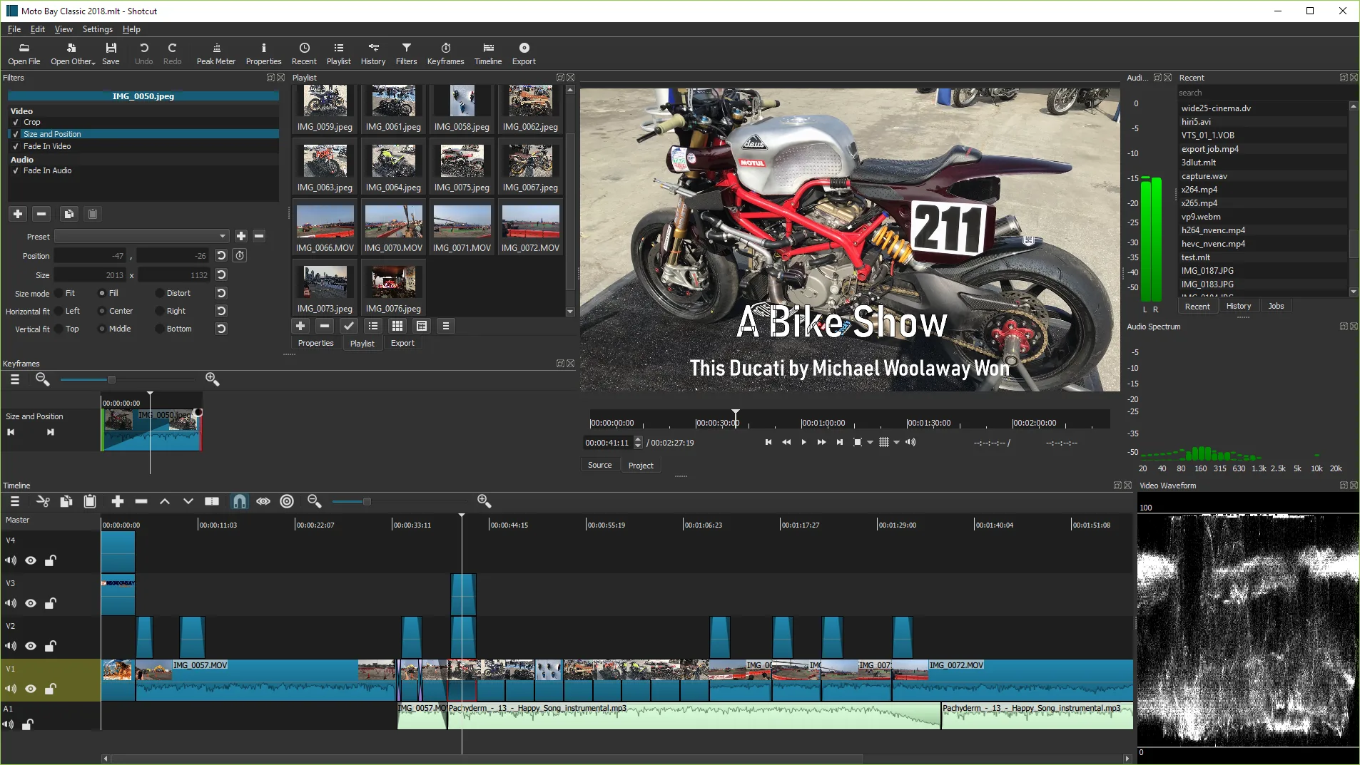 Shotcut desktop video editor showing the timeline, preview monitor, and playlist on a local project.